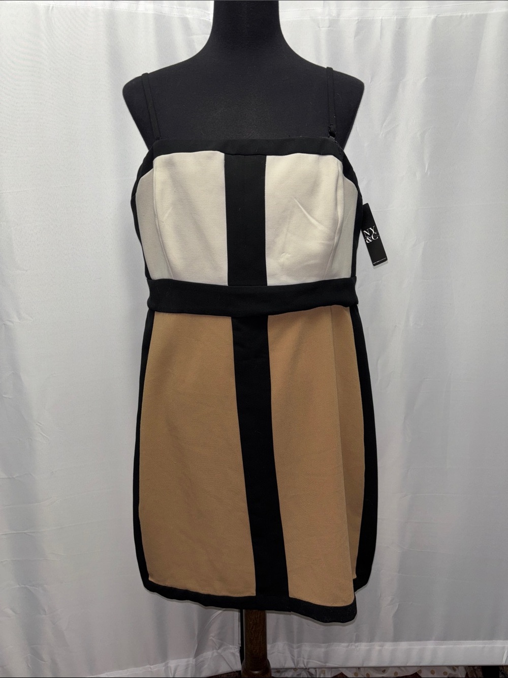 New York & Company Strapless Colorblock Dress in Ivory, Tan and Black Size 18